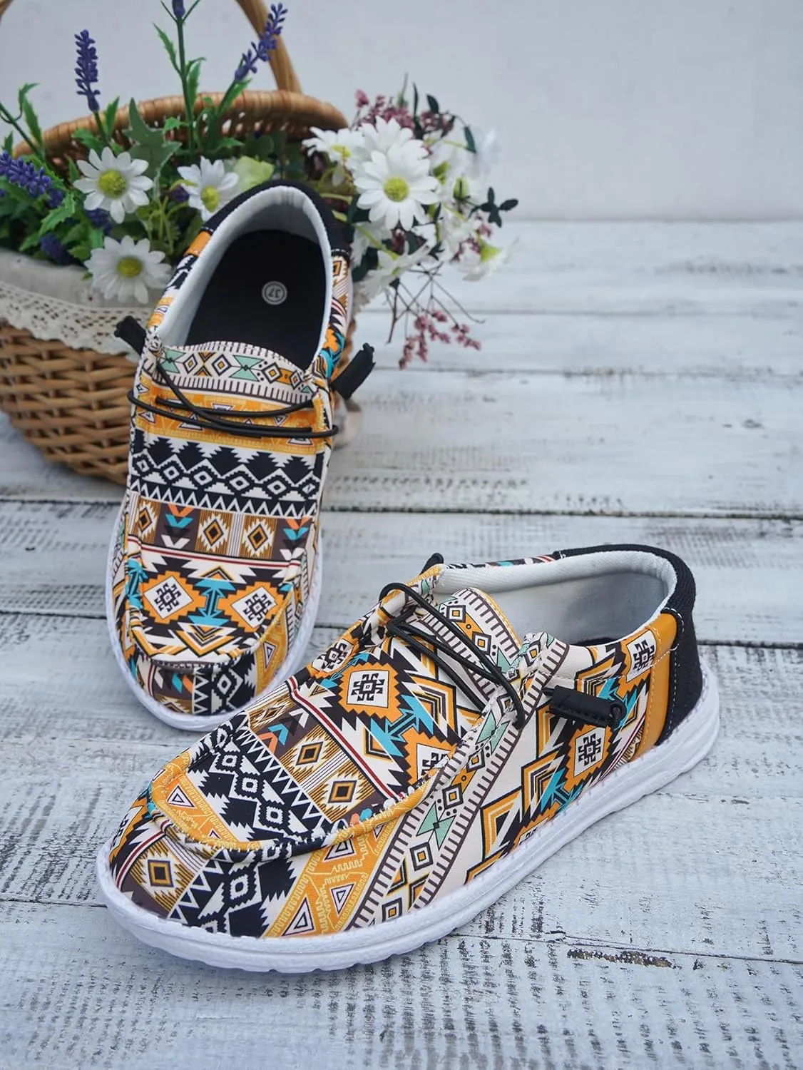 Women's Comfortable Dudes Wendy Aztec Print Lace-up Loafers Orthopedic Ultralight Canvas Boat Casual Shoes with Arch Support