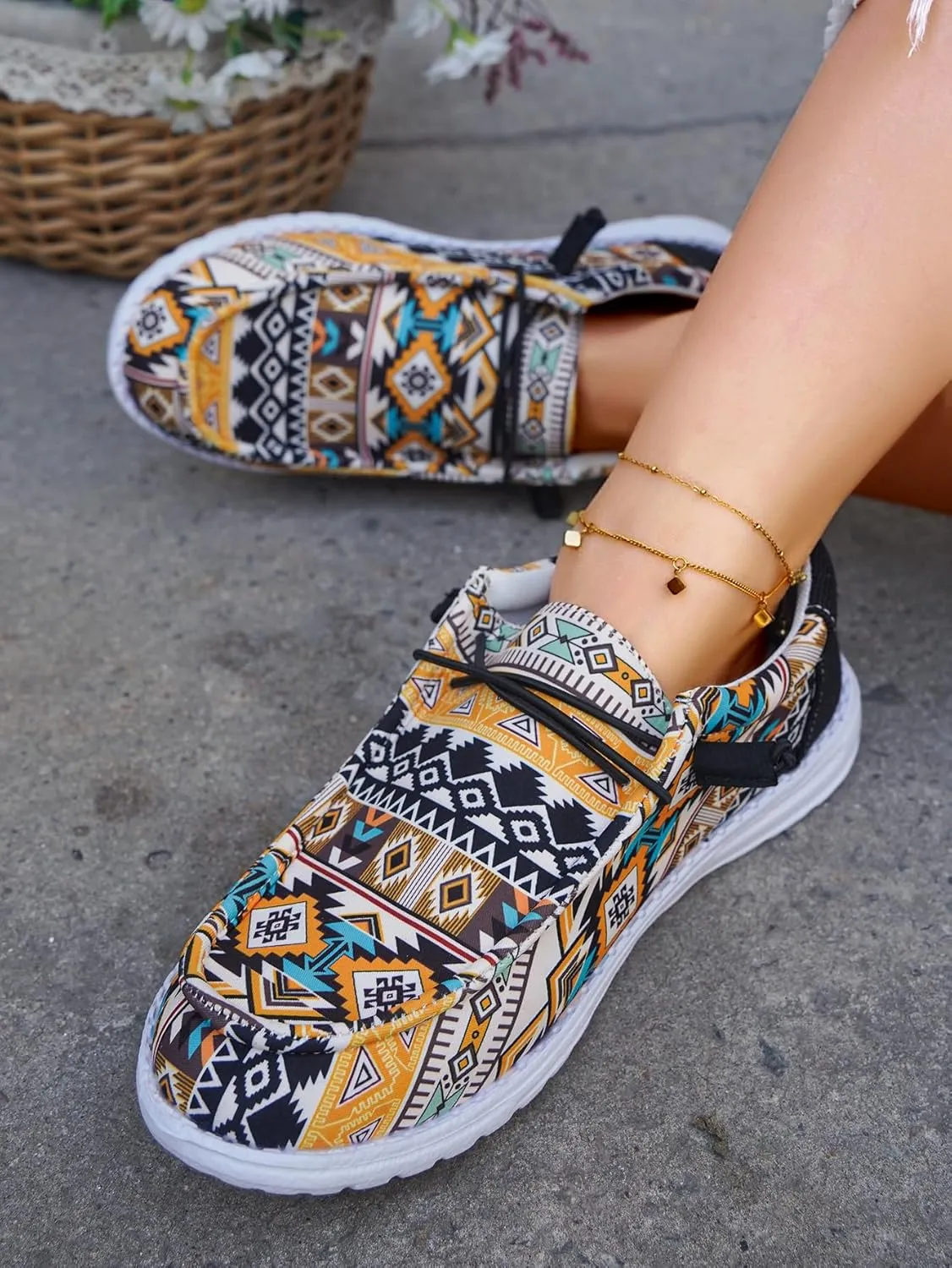 Women's Comfortable Dudes Wendy Aztec Print Lace-up Loafers Orthopedic Ultralight Canvas Boat Casual Shoes with Arch Support