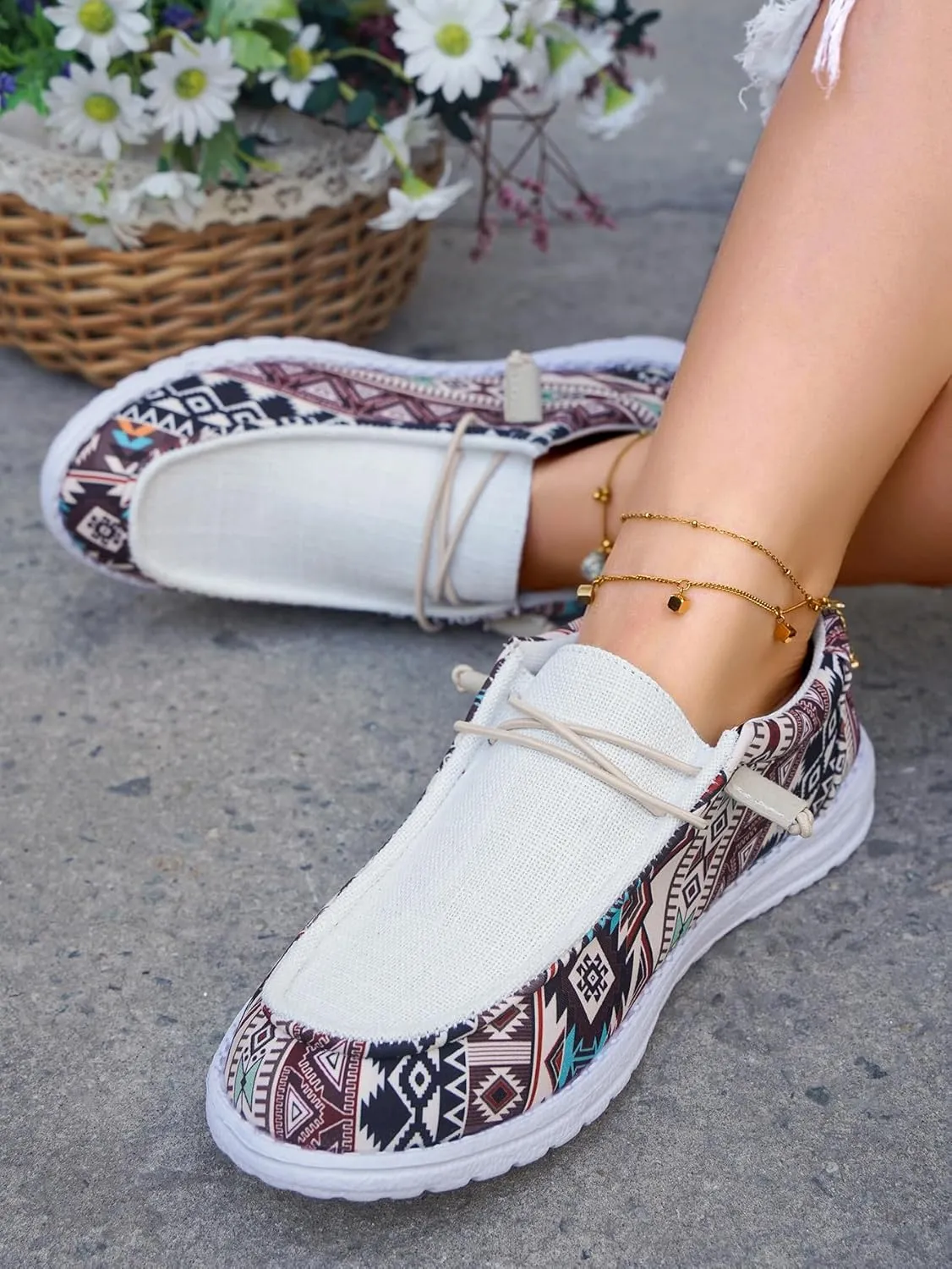 Women's Comfortable Dudes Wendy Aztec Print Lace-up Loafers Orthopedic Ultralight Canvas Boat Casual Shoes with Arch Support