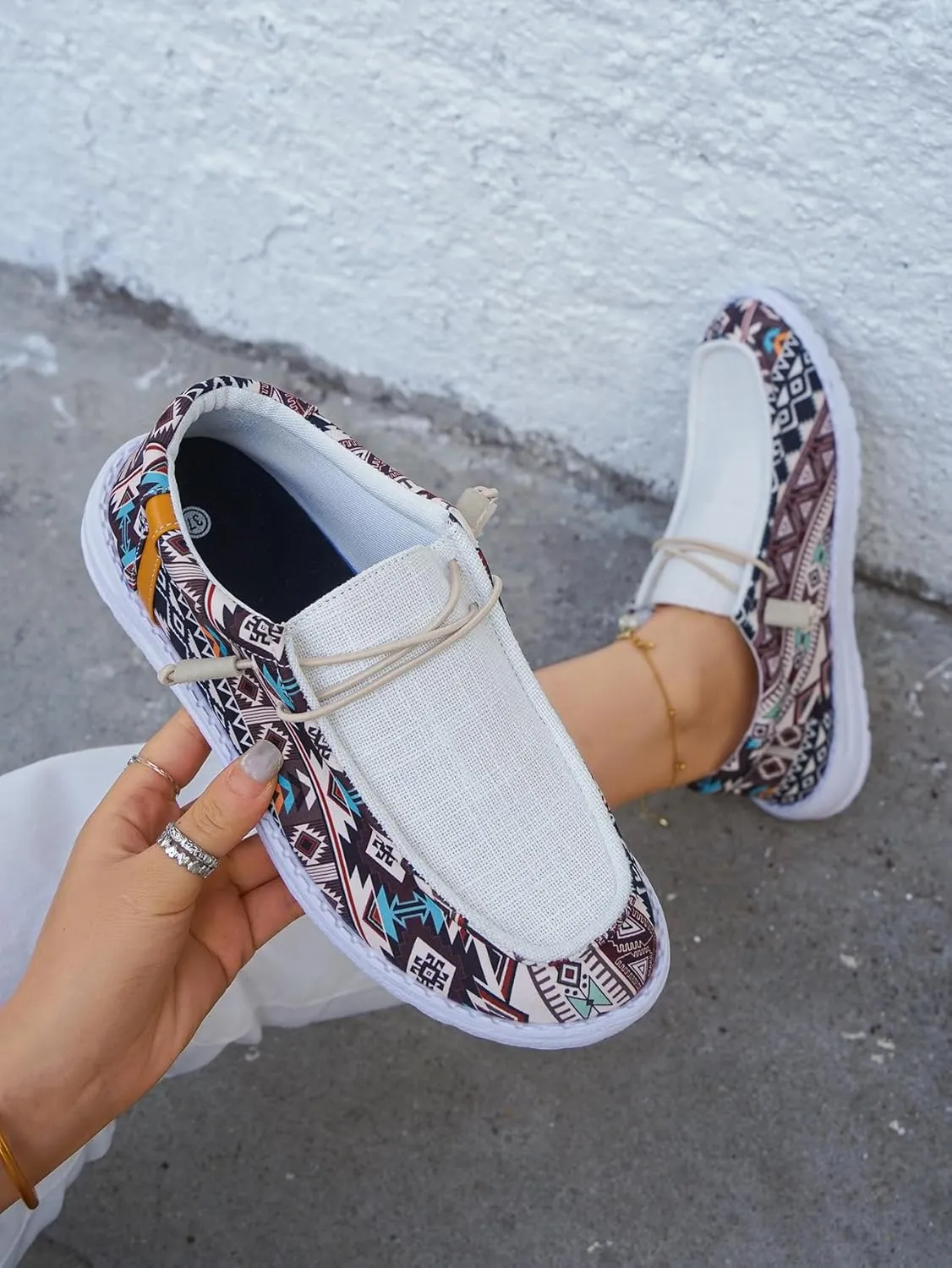 Women's Comfortable Dudes Wendy Aztec Print Lace-up Loafers Orthopedic Ultralight Canvas Boat Casual Shoes with Arch Support
