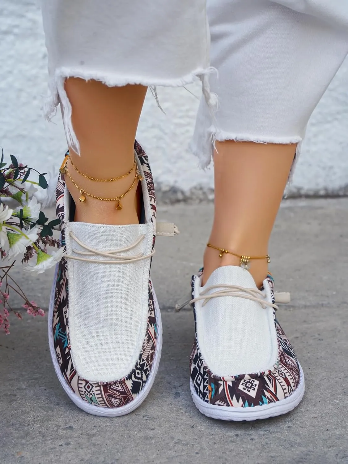 Women's Comfortable Dudes Wendy Aztec Print Lace-up Loafers Orthopedic Ultralight Canvas Boat Casual Shoes with Arch Support