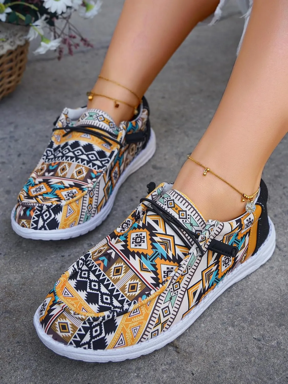 Women's Comfortable Dudes Wendy Aztec Print Lace-up Loafers Orthopedic Ultralight Canvas Boat Casual Shoes with Arch Support
