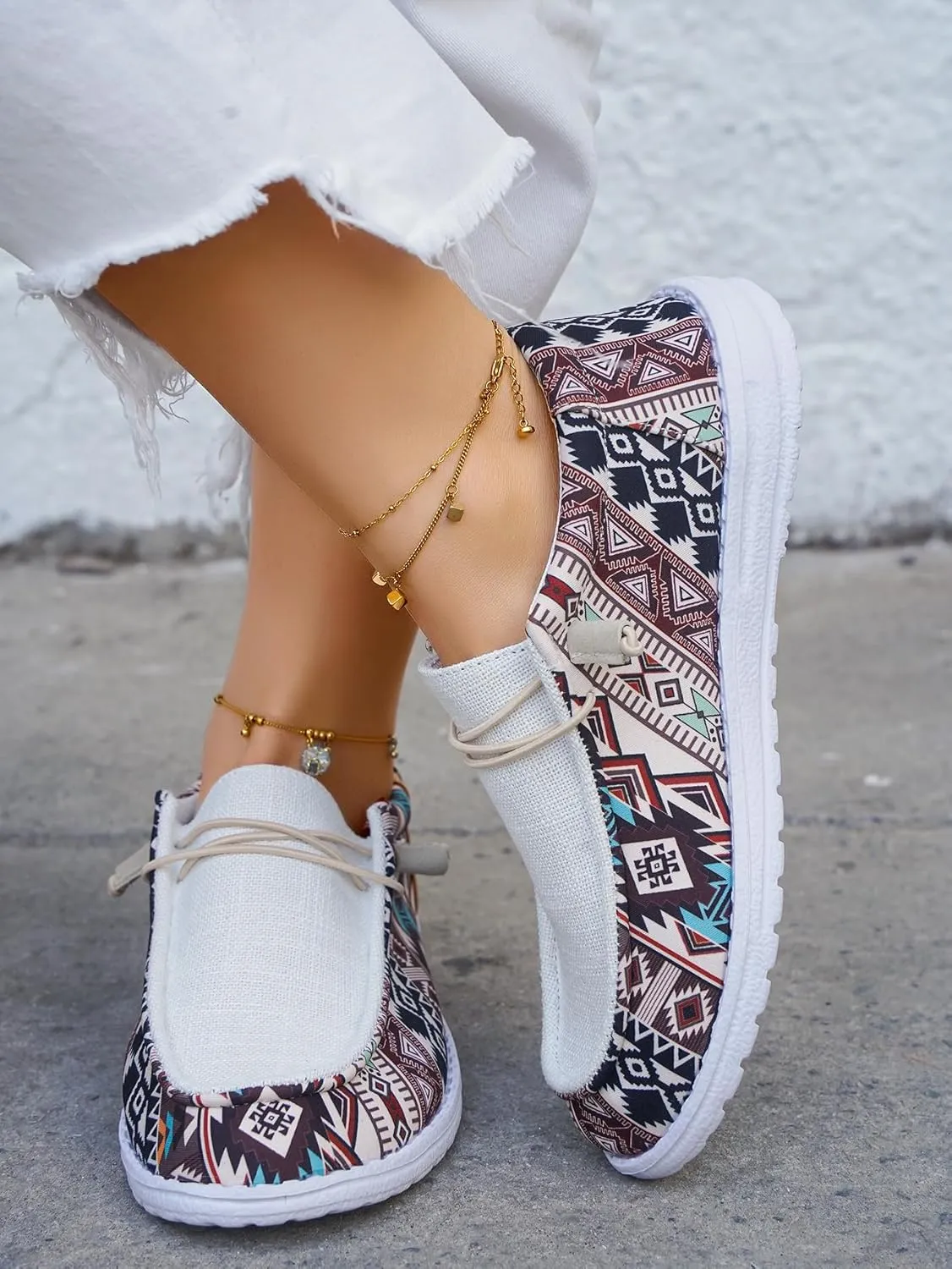Women's Comfortable Dudes Wendy Aztec Print Lace-up Loafers Orthopedic Ultralight Canvas Boat Casual Shoes with Arch Support