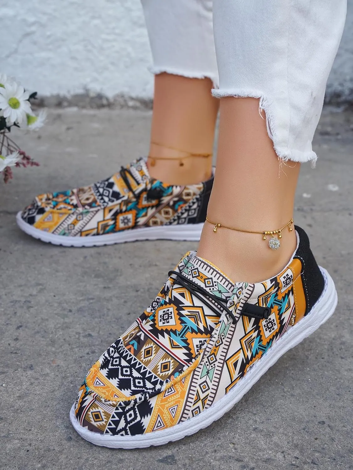 Women's Comfortable Dudes Wendy Aztec Print Lace-up Loafers Orthopedic Ultralight Canvas Boat Casual Shoes with Arch Support