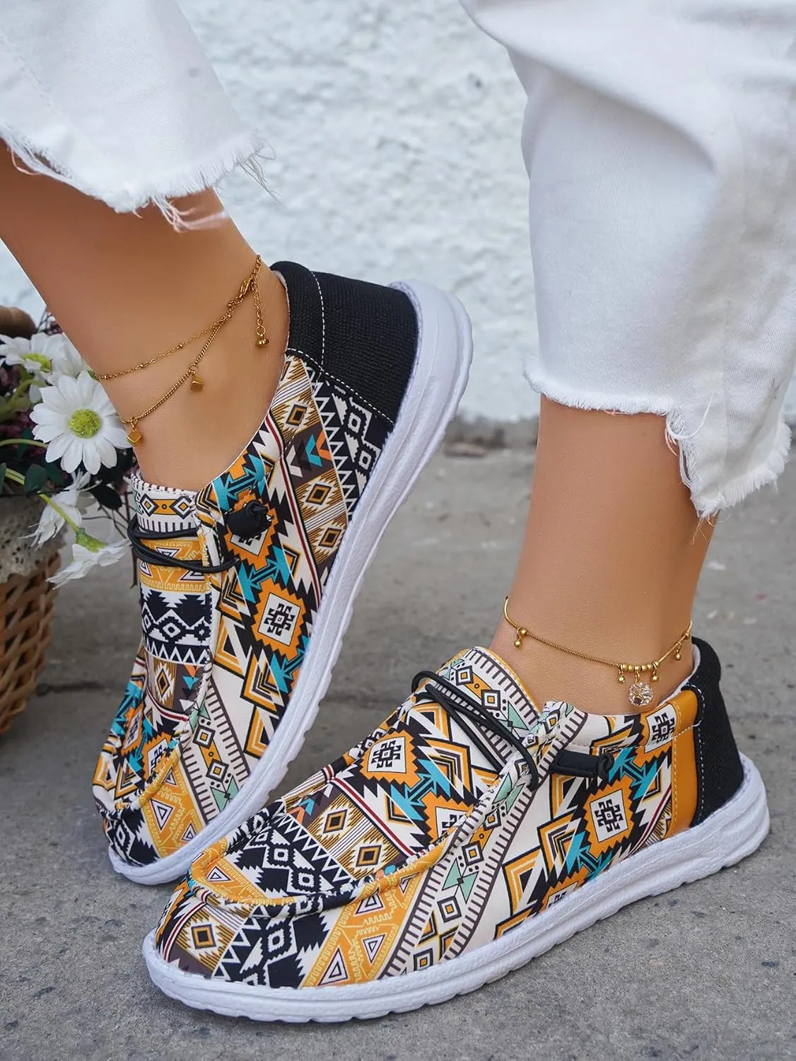 Women's Comfortable Dudes Wendy Aztec Print Lace-up Loafers Orthopedic Ultralight Canvas Boat Casual Shoes with Arch Support