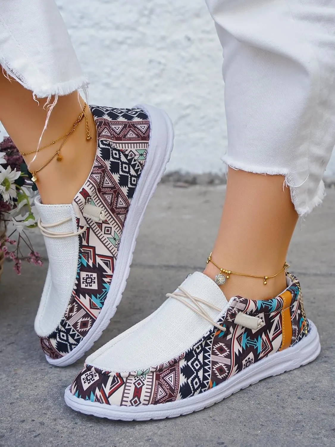 Women's Comfortable Dudes Wendy Aztec Print Lace-up Loafers Orthopedic Ultralight Canvas Boat Casual Shoes with Arch Support