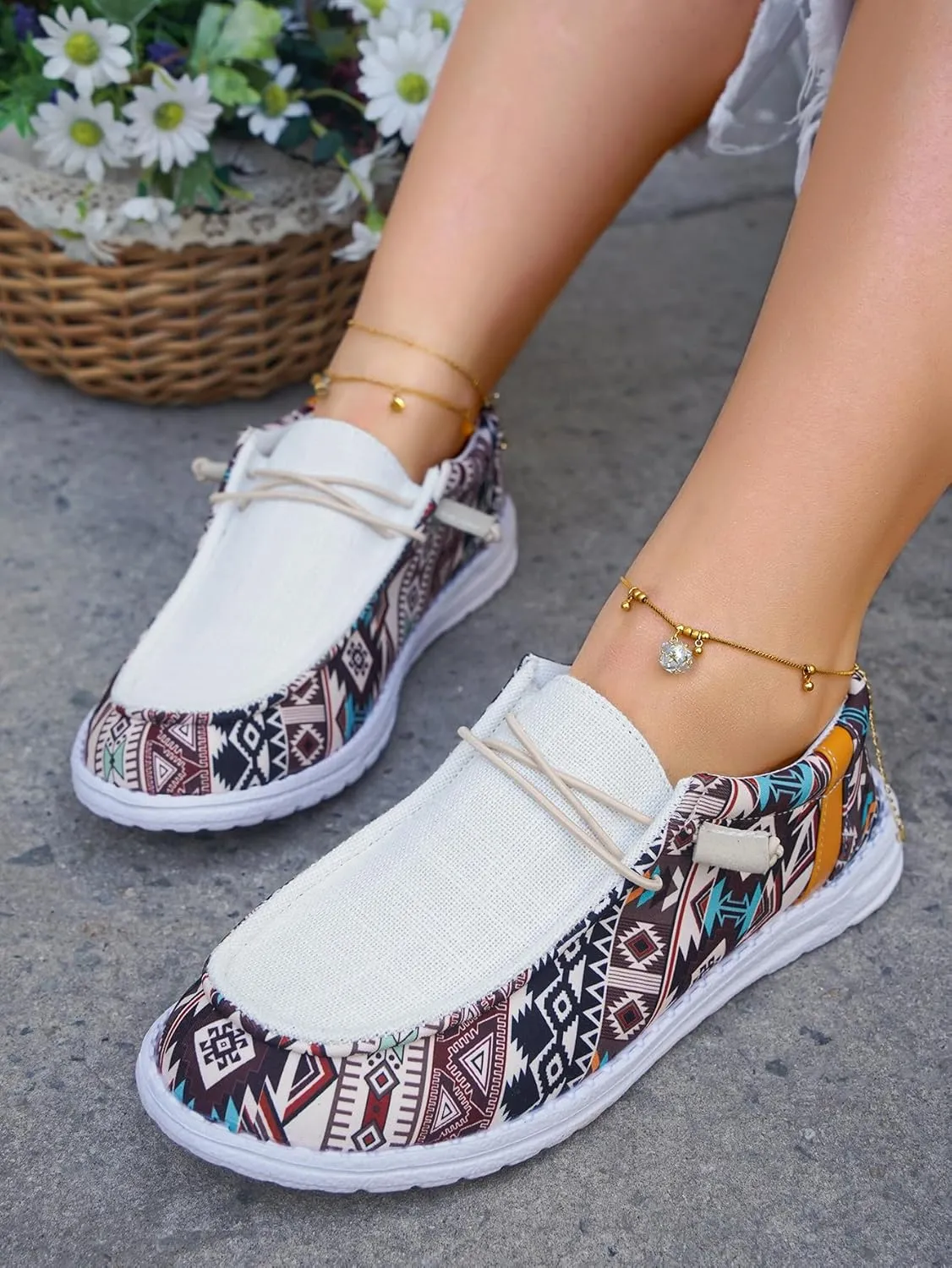 Women's Comfortable Dudes Wendy Aztec Print Lace-up Loafers Orthopedic Ultralight Canvas Boat Casual Shoes with Arch Support