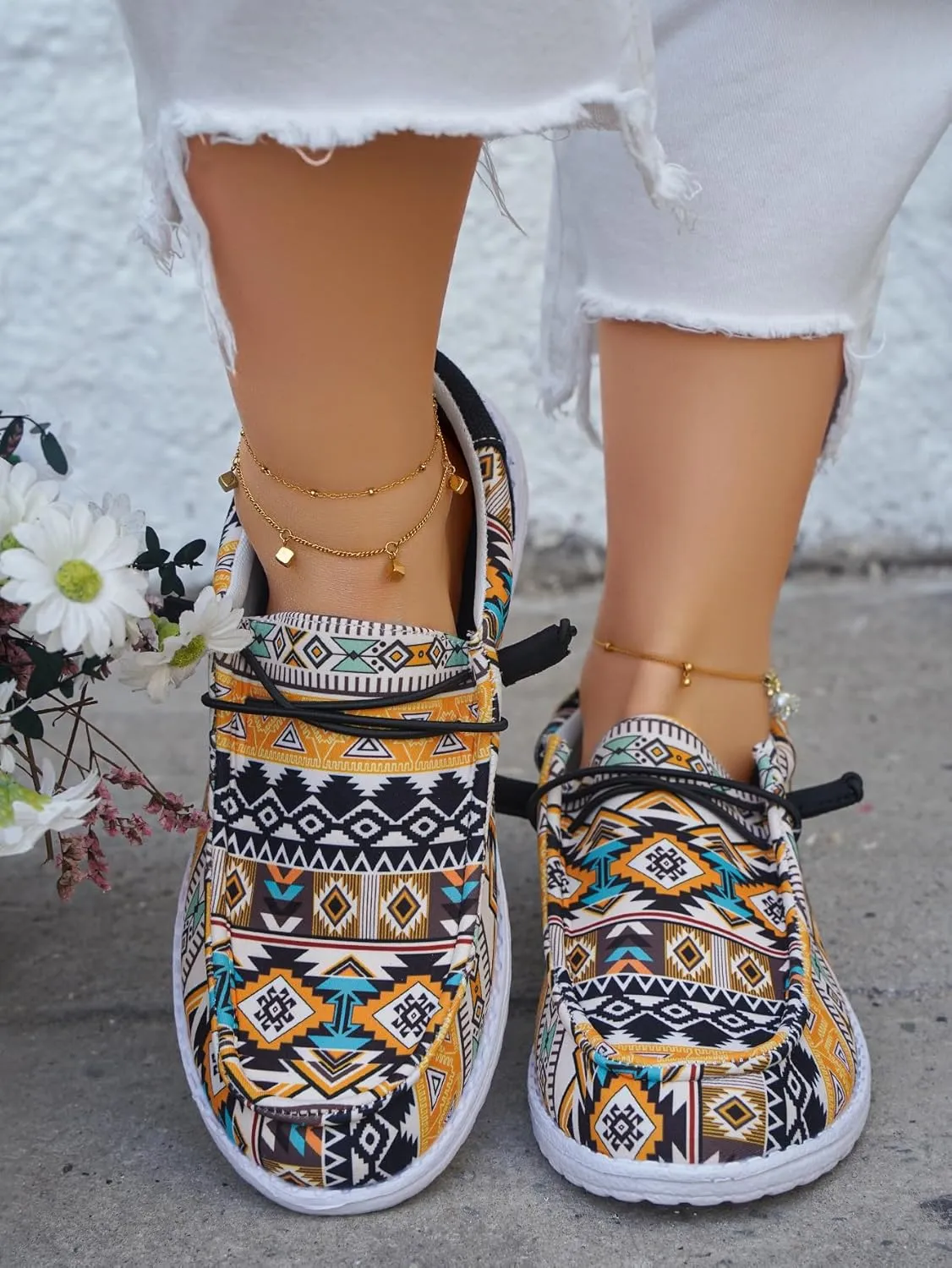 Women's Comfortable Dudes Wendy Aztec Print Lace-up Loafers Orthopedic Ultralight Canvas Boat Casual Shoes with Arch Support