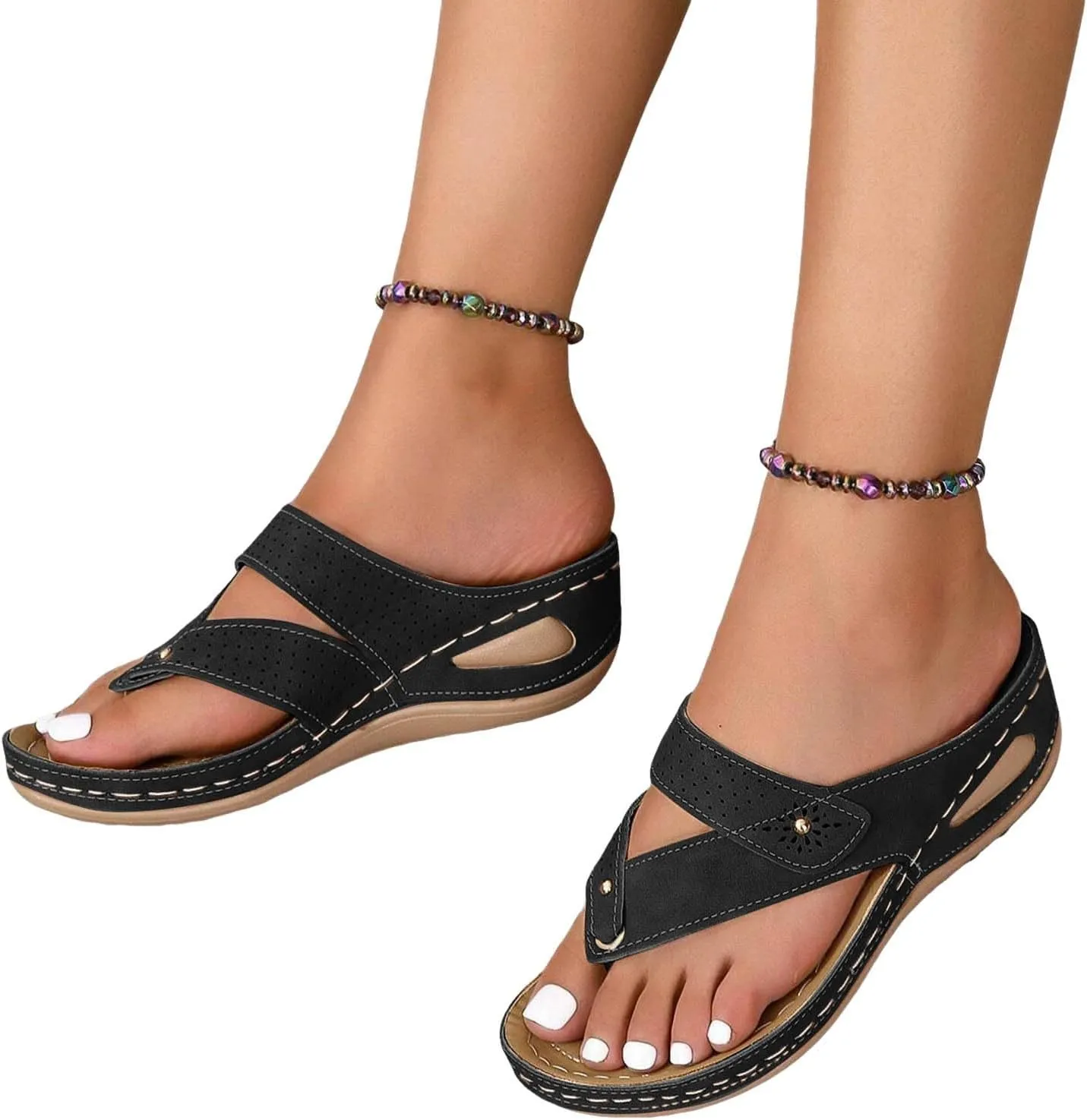 Women's Hollow Thick Soled Wedge Heeled Flip Flops For Beach Casual And Comfortable Sandals Slipper