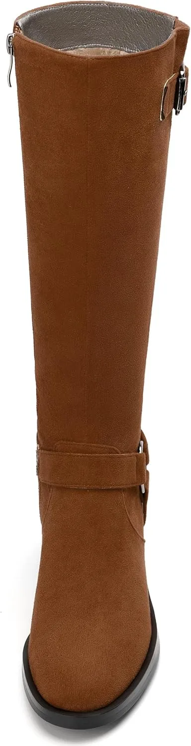 Women's Knee High Boots Buckle Fashion Side Zipper Knee High Bootie Round Toe Chunky Heel Solid Suede Knee High Boot