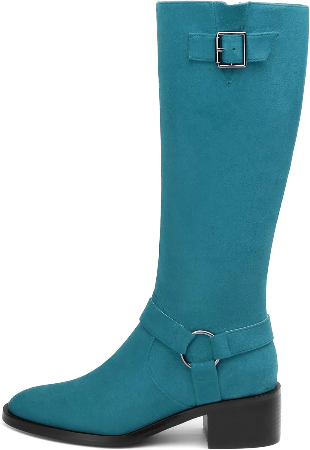 Women's Knee High Boots Buckle Fashion Side Zipper Knee High Bootie Round Toe Chunky Heel Solid Suede Knee High Boot