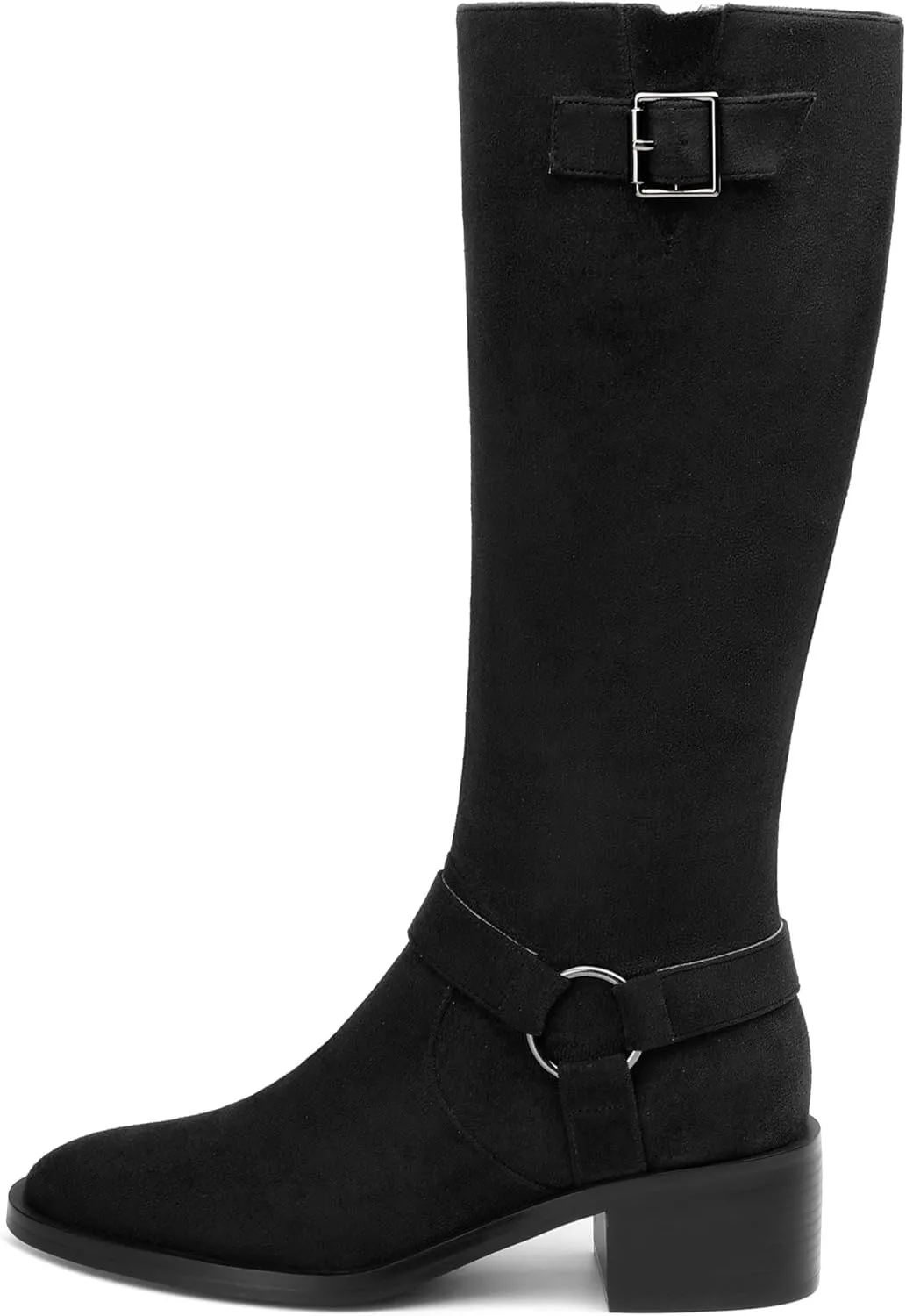Women's Knee High Boots Buckle Fashion Side Zipper Knee High Bootie Round Toe Chunky Heel Solid Suede Knee High Boot