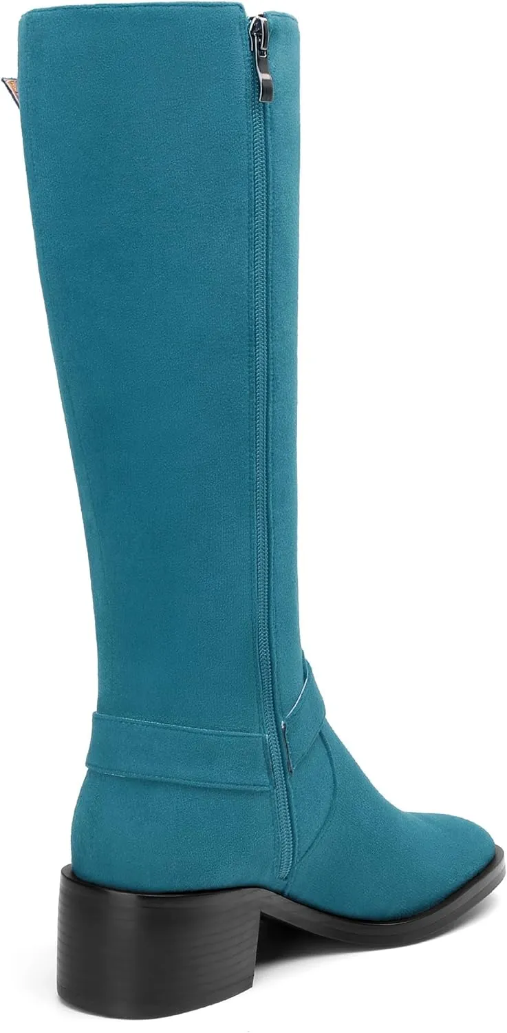 Women's Knee High Boots Buckle Fashion Side Zipper Knee High Bootie Round Toe Chunky Heel Solid Suede Knee High Boot