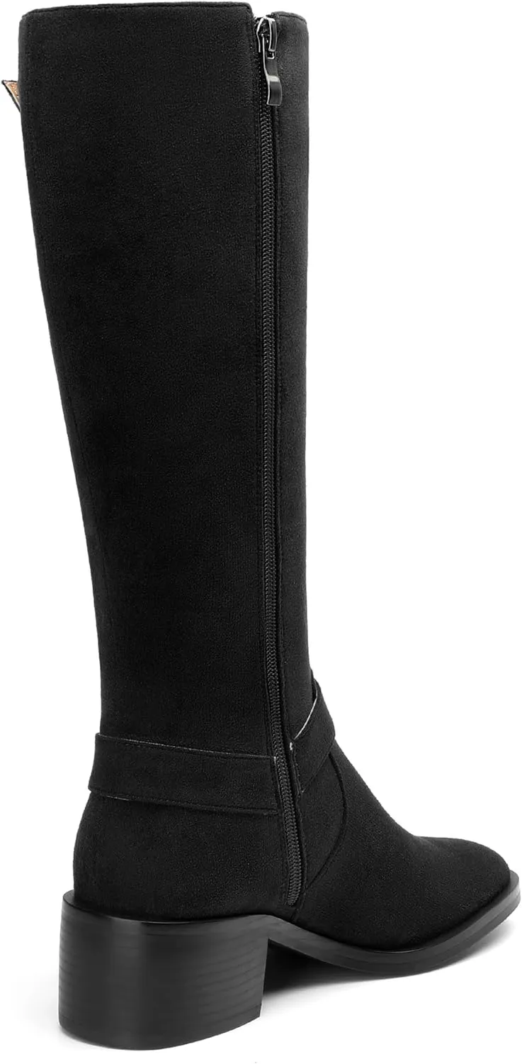 Women's Knee High Boots Buckle Fashion Side Zipper Knee High Bootie Round Toe Chunky Heel Solid Suede Knee High Boot
