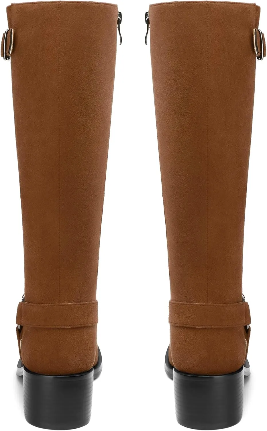 Women's Knee High Boots Buckle Fashion Side Zipper Knee High Bootie Round Toe Chunky Heel Solid Suede Knee High Boot
