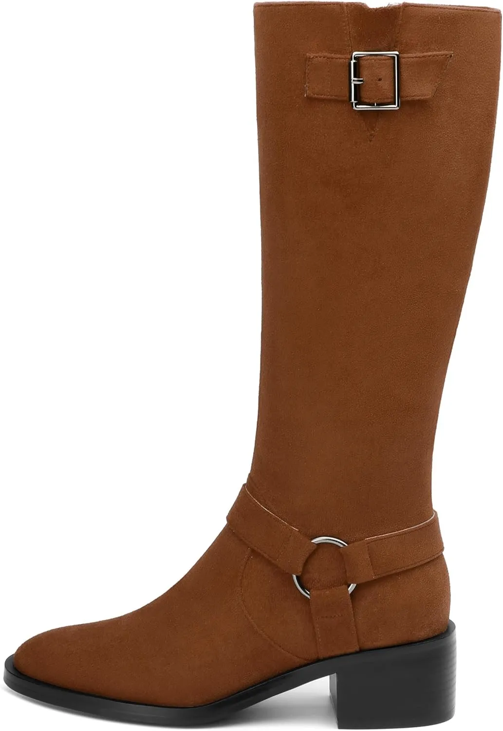 Women's Knee High Boots Buckle Fashion Side Zipper Knee High Bootie Round Toe Chunky Heel Solid Suede Knee High Boot