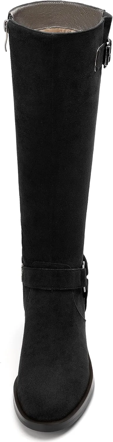 Women's Knee High Boots Buckle Fashion Side Zipper Knee High Bootie Round Toe Chunky Heel Solid Suede Knee High Boot