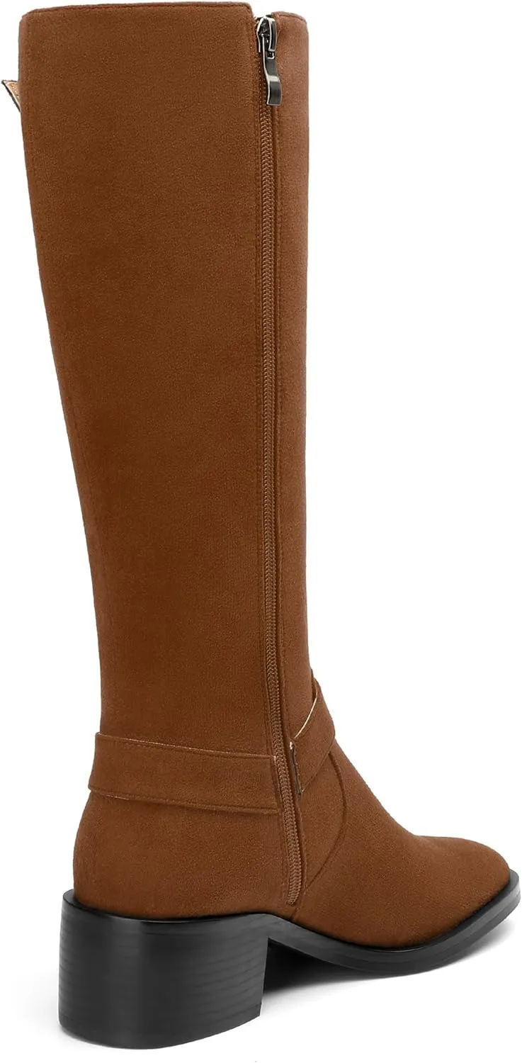 Women's Knee High Boots Buckle Fashion Side Zipper Knee High Bootie Round Toe Chunky Heel Solid Suede Knee High Boot