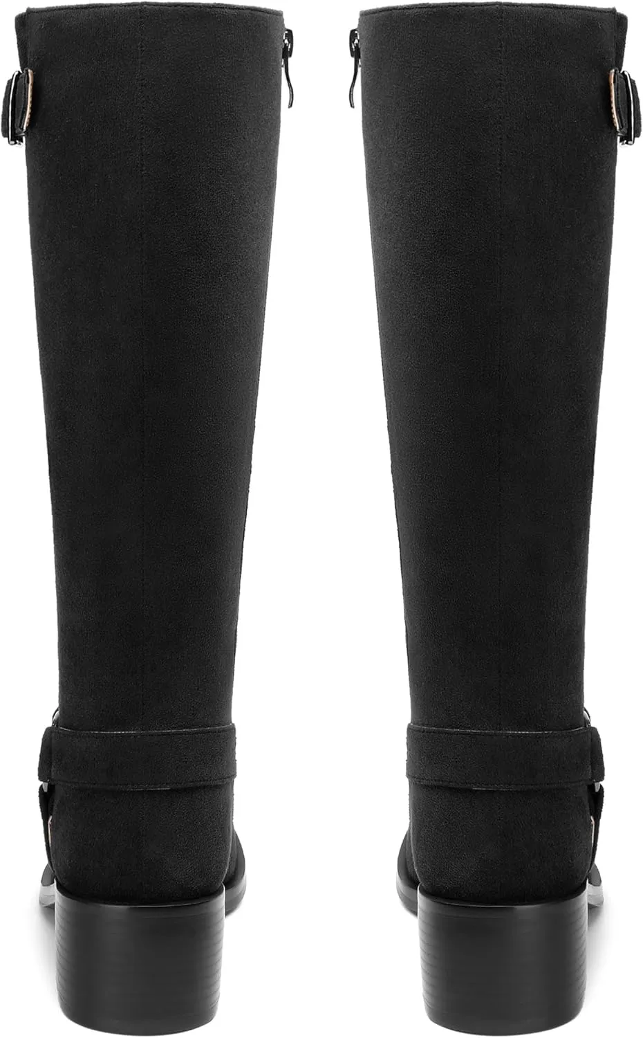 Women's Knee High Boots Buckle Fashion Side Zipper Knee High Bootie Round Toe Chunky Heel Solid Suede Knee High Boot