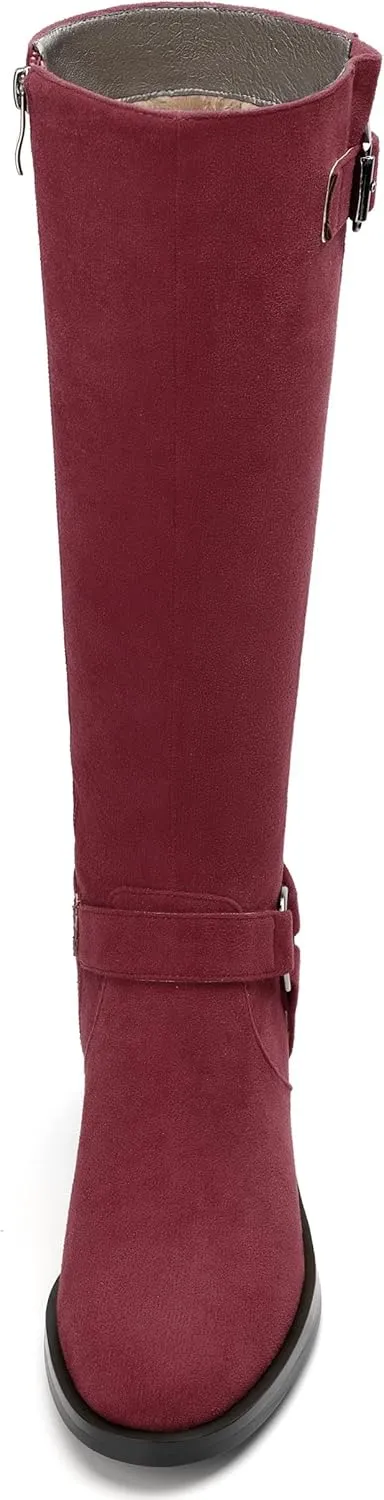 Women's Knee High Boots Buckle Fashion Side Zipper Knee High Bootie Round Toe Chunky Heel Solid Suede Knee High Boot