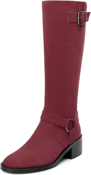 Women's Knee High Boots Buckle Fashion Side Zipper Knee High Bootie Round Toe Chunky Heel Solid Suede Knee High Boot