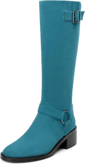 Women's Knee High Boots Buckle Fashion Side Zipper Knee High Bootie Round Toe Chunky Heel Solid Suede Knee High Boot