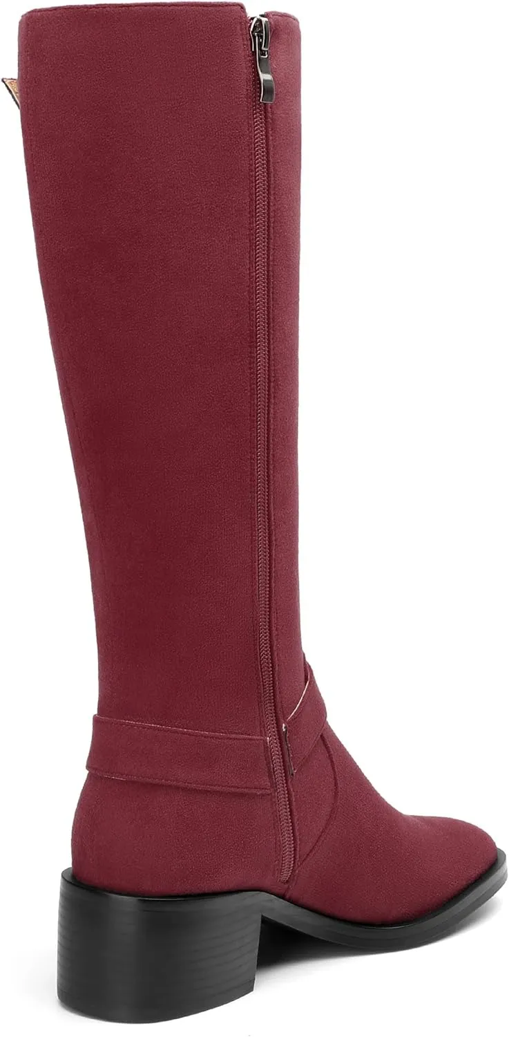 Women's Knee High Boots Buckle Fashion Side Zipper Knee High Bootie Round Toe Chunky Heel Solid Suede Knee High Boot