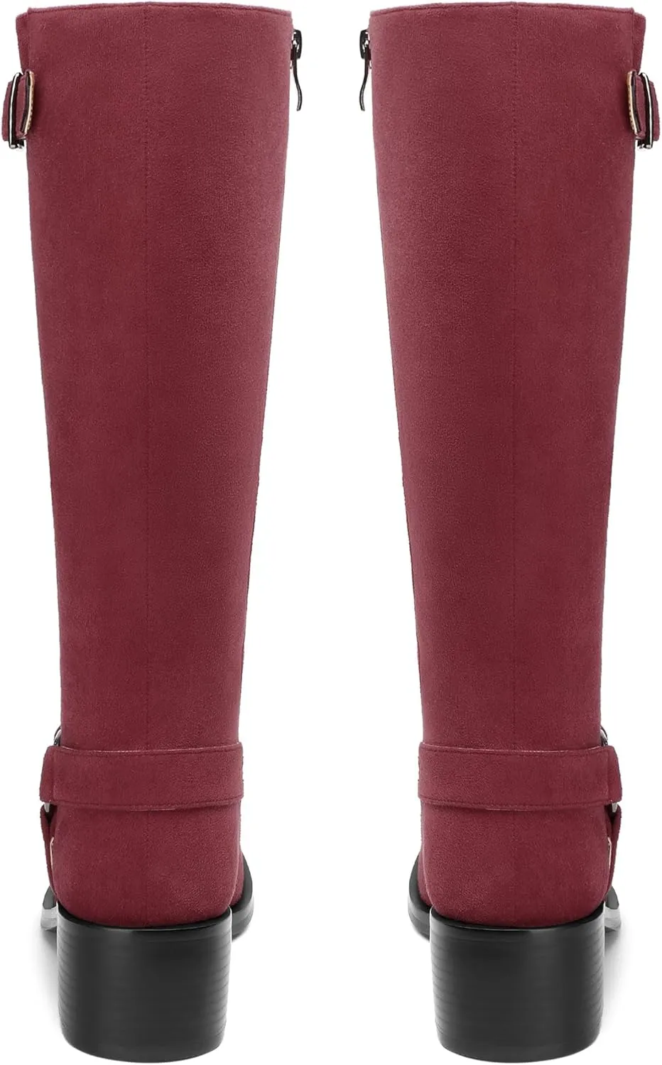 Women's Knee High Boots Buckle Fashion Side Zipper Knee High Bootie Round Toe Chunky Heel Solid Suede Knee High Boot