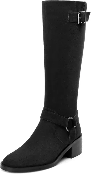 Women's Knee High Boots Buckle Fashion Side Zipper Knee High Bootie Round Toe Chunky Heel Solid Suede Knee High Boot