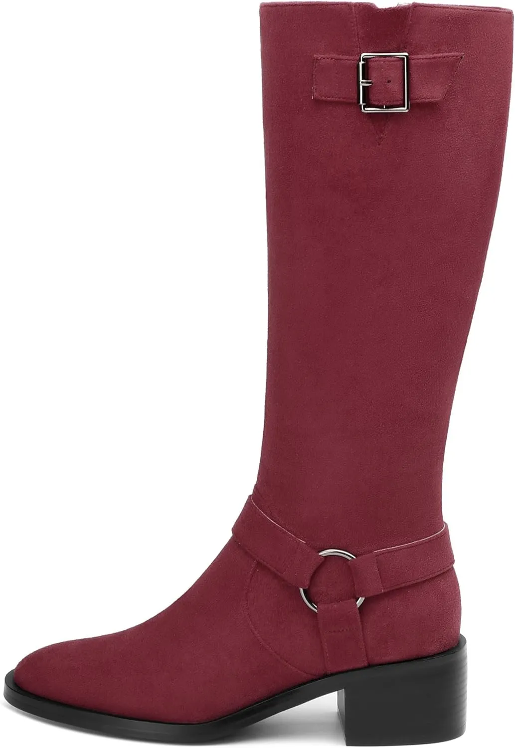 Women's Knee High Boots Buckle Fashion Side Zipper Knee High Bootie Round Toe Chunky Heel Solid Suede Knee High Boot