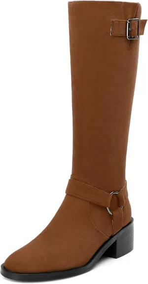 Women's Knee High Boots Buckle Fashion Side Zipper Knee High Bootie Round Toe Chunky Heel Solid Suede Knee High Boot