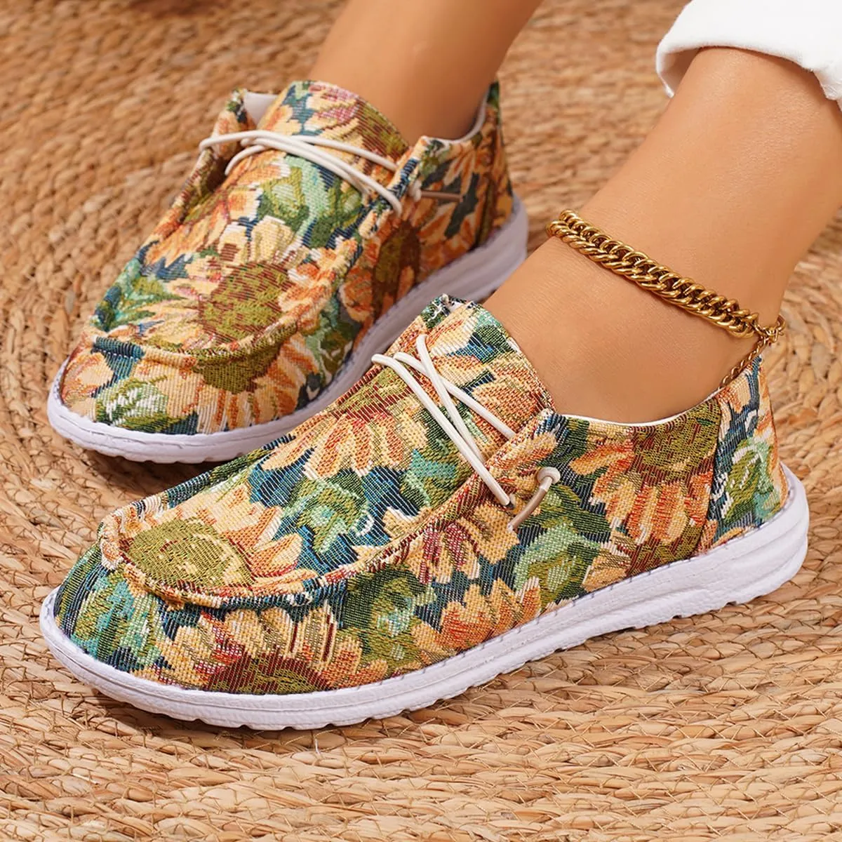 Women's Low Top Outdoor Walking Loafers Printing Slip On Breathable Canvas Loafers Round Toe Boat Shoes Casual Comfortable Lightweight Lace Up Shoes