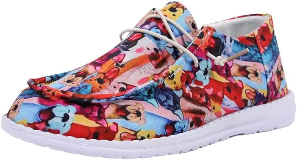 Women's Low Top Outdoor Walking Loafers Printing Slip On Breathable Canvas Loafers Round Toe Boat Shoes Casual Comfortable Lightweight Lace Up Shoes