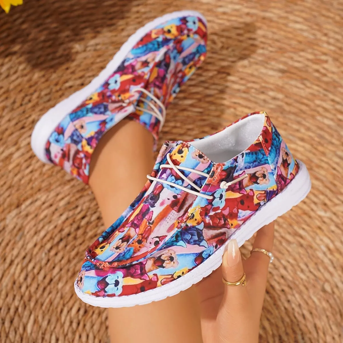 Women's Low Top Outdoor Walking Loafers Printing Slip On Breathable Canvas Loafers Round Toe Boat Shoes Casual Comfortable Lightweight Lace Up Shoes