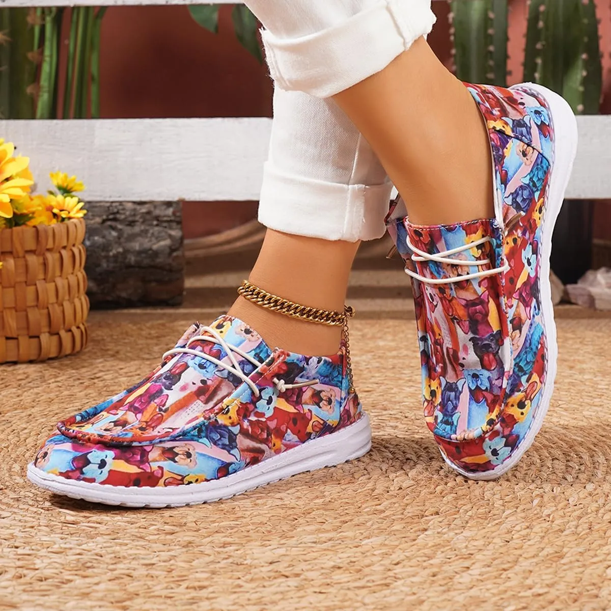 Women's Low Top Outdoor Walking Loafers Printing Slip On Breathable Canvas Loafers Round Toe Boat Shoes Casual Comfortable Lightweight Lace Up Shoes