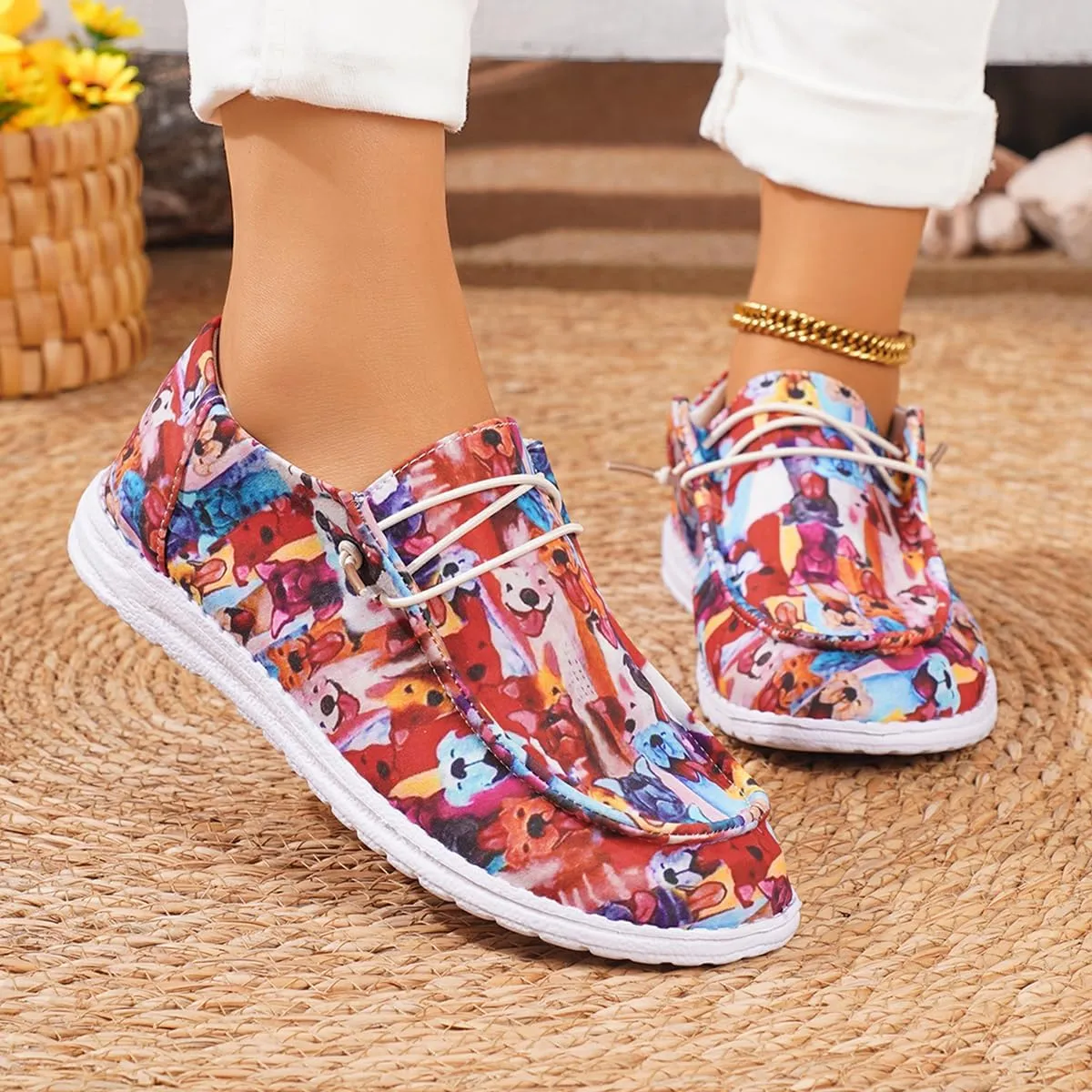 Women's Low Top Outdoor Walking Loafers Printing Slip On Breathable Canvas Loafers Round Toe Boat Shoes Casual Comfortable Lightweight Lace Up Shoes