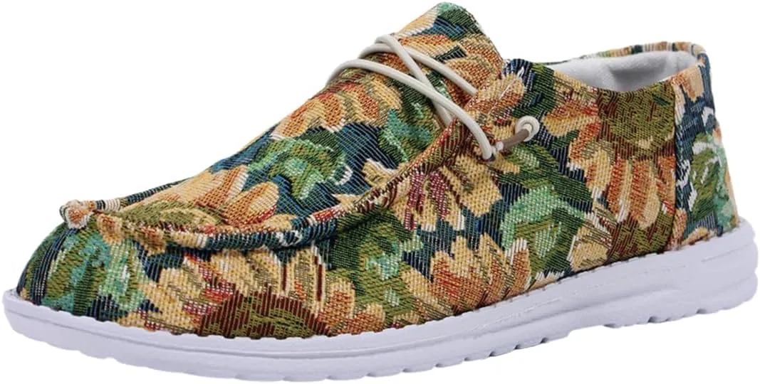 Women's Low Top Outdoor Walking Loafers Printing Slip On Breathable Canvas Loafers Round Toe Boat Shoes Casual Comfortable Lightweight Lace Up Shoes