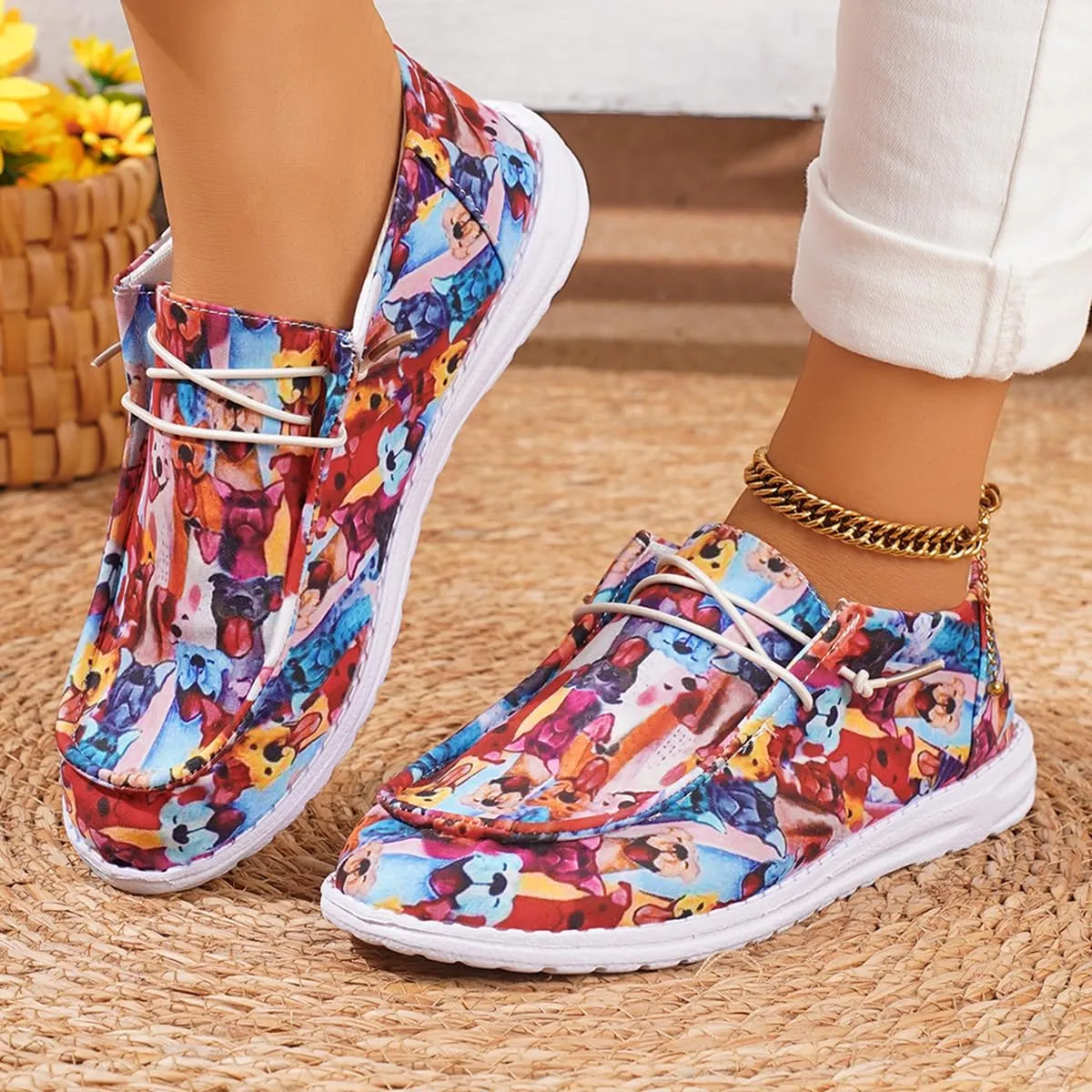 Women's Low Top Outdoor Walking Loafers Printing Slip On Breathable Canvas Loafers Round Toe Boat Shoes Casual Comfortable Lightweight Lace Up Shoes