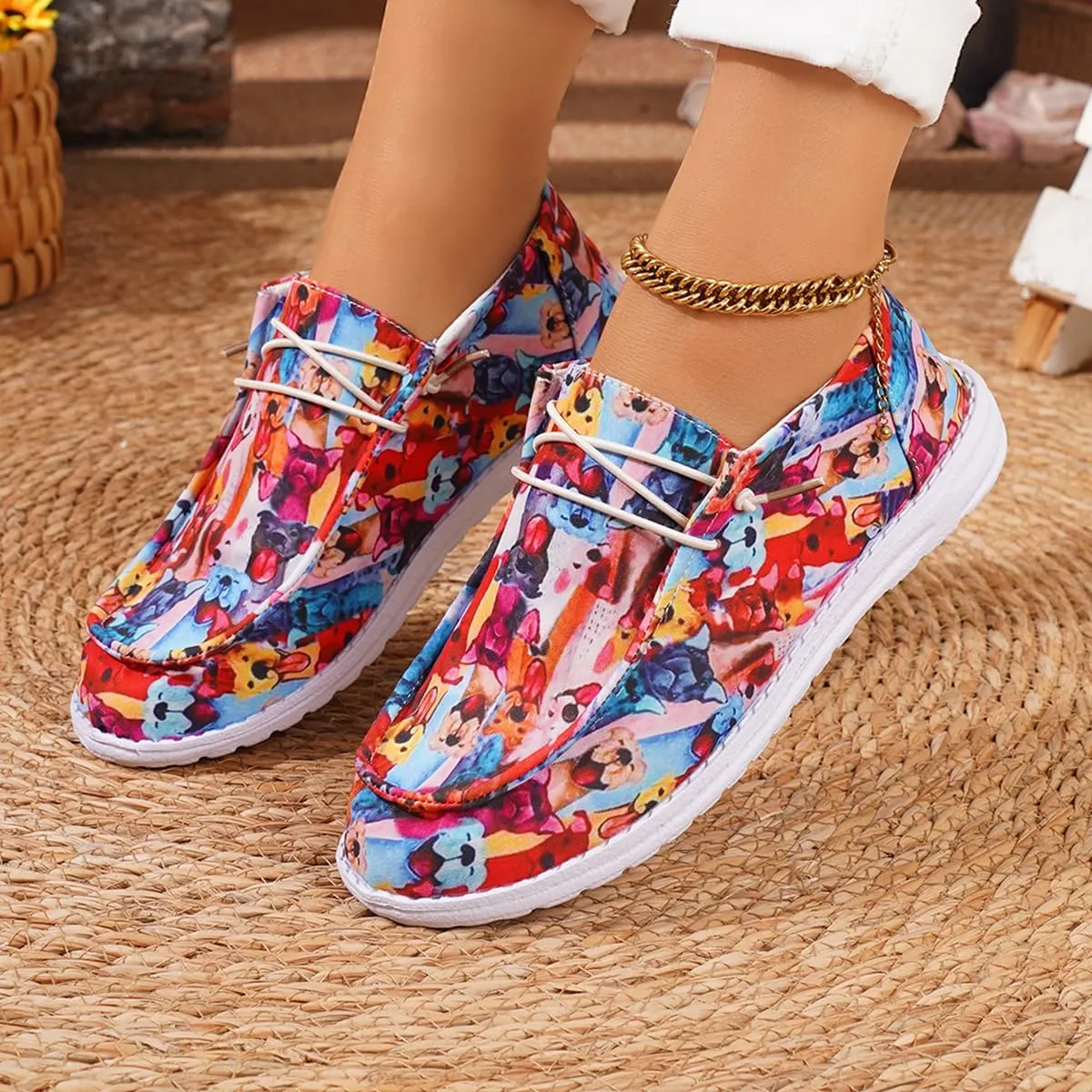 Women's Low Top Outdoor Walking Loafers Printing Slip On Breathable Canvas Loafers Round Toe Boat Shoes Casual Comfortable Lightweight Lace Up Shoes