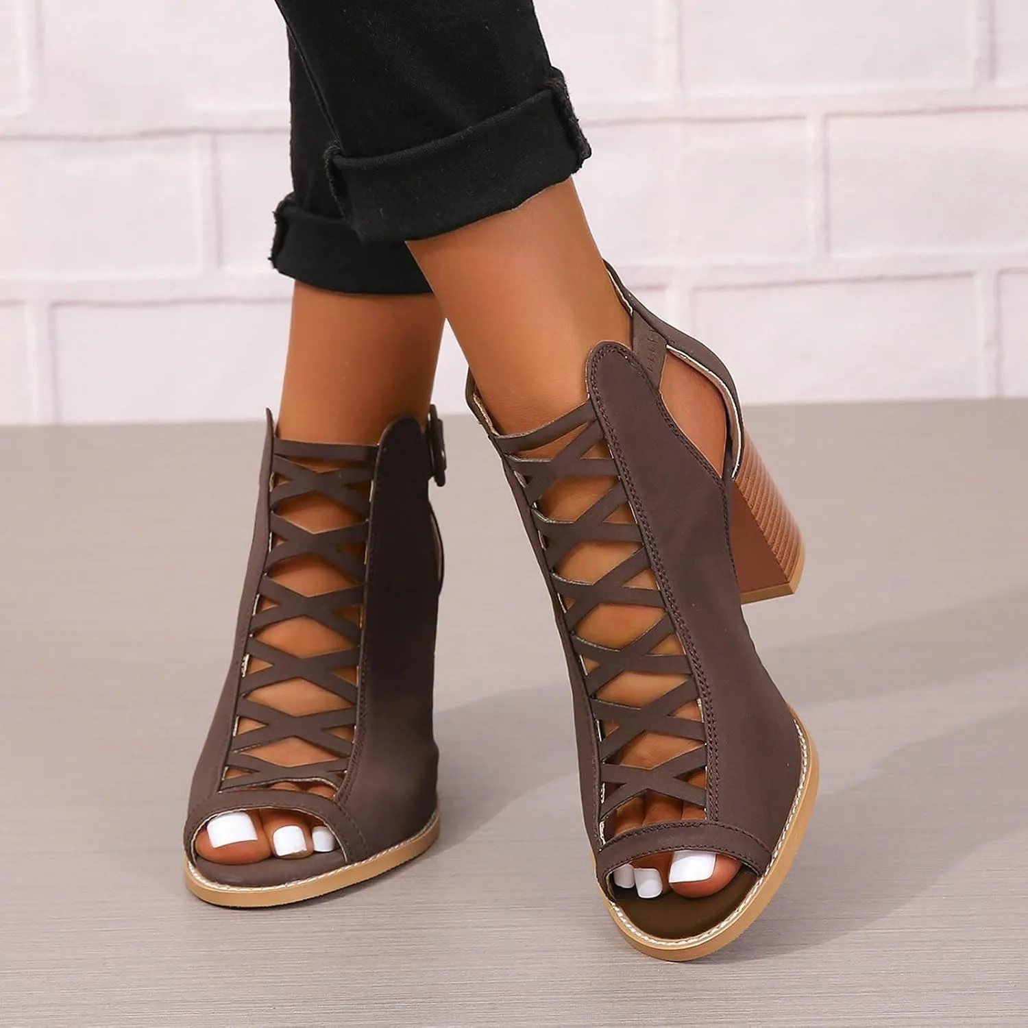 Women's Open Toe Booties with Block Heel and Side Comfortable and Stylish Cut Out Design Chunky Women Platform Heels