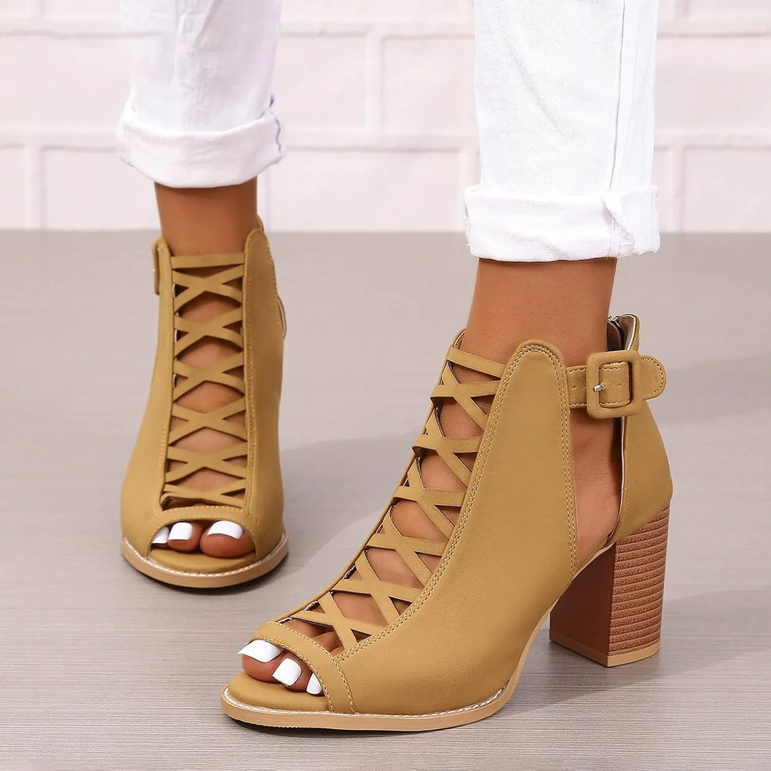 Women's Open Toe Booties with Block Heel and Side Comfortable and Stylish Cut Out Design Chunky Women Platform Heels