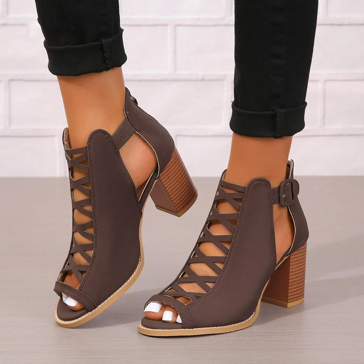 Women's Open Toe Booties with Block Heel and Side Comfortable and Stylish Cut Out Design Chunky Women Platform Heels