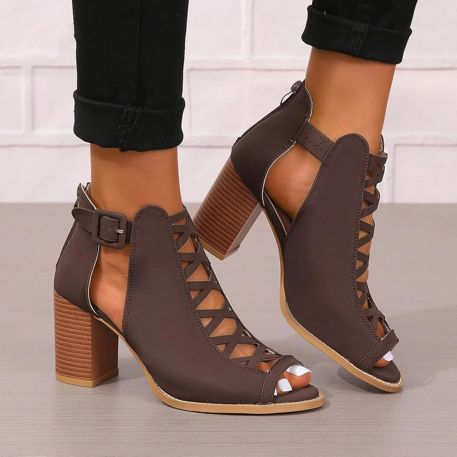 Women's Open Toe Booties with Block Heel and Side Comfortable and Stylish Cut Out Design Chunky Women Platform Heels
