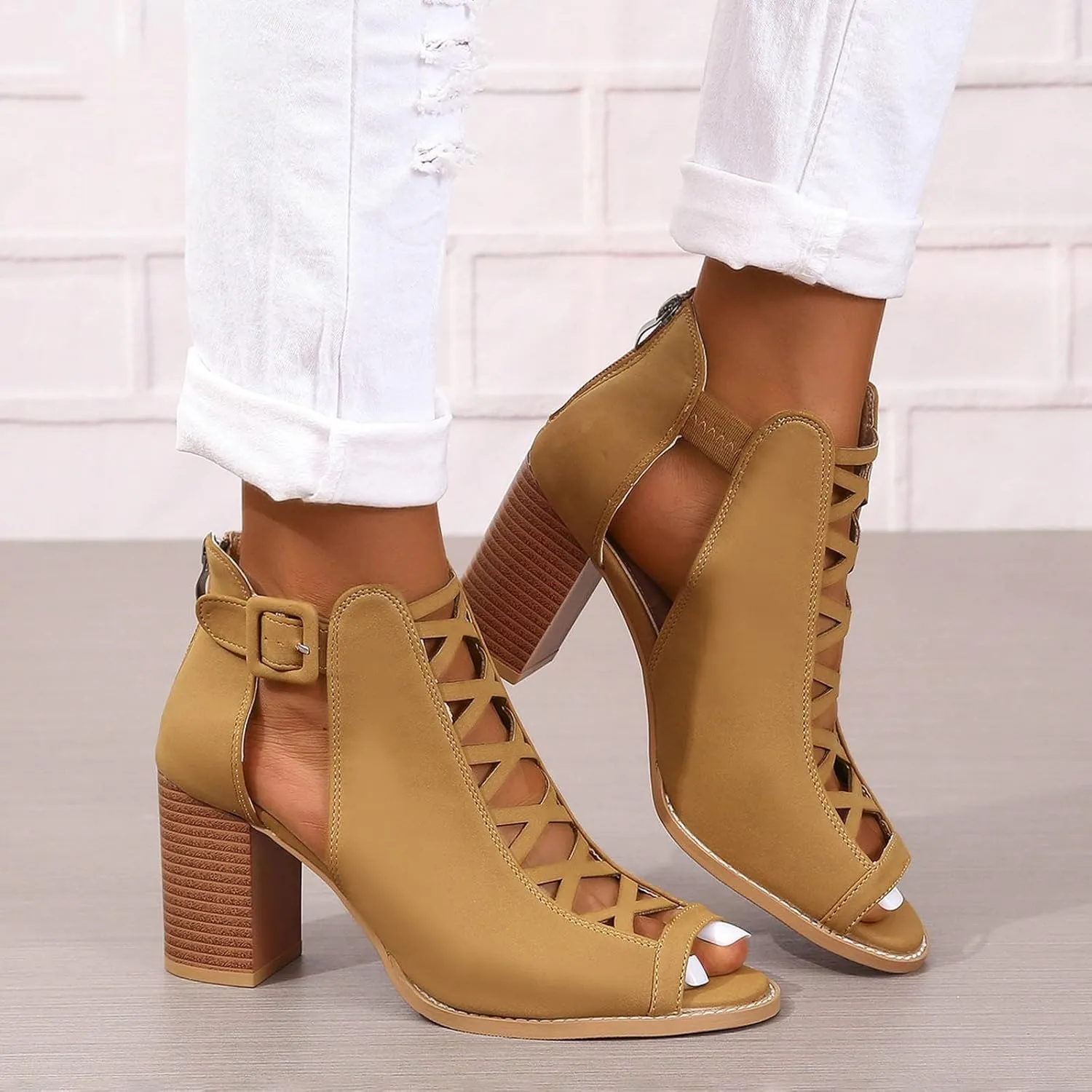 Women's Open Toe Booties with Block Heel and Side Comfortable and Stylish Cut Out Design Chunky Women Platform Heels