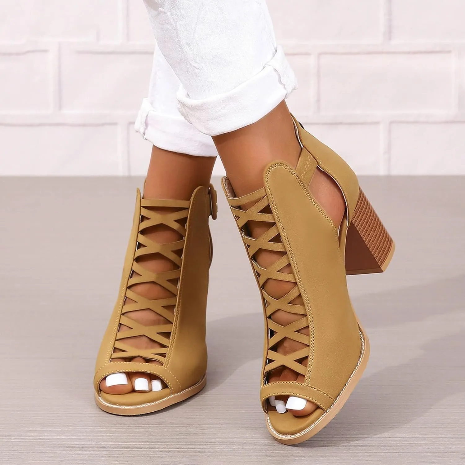 Women's Open Toe Booties with Block Heel and Side Comfortable and Stylish Cut Out Design Chunky Women Platform Heels
