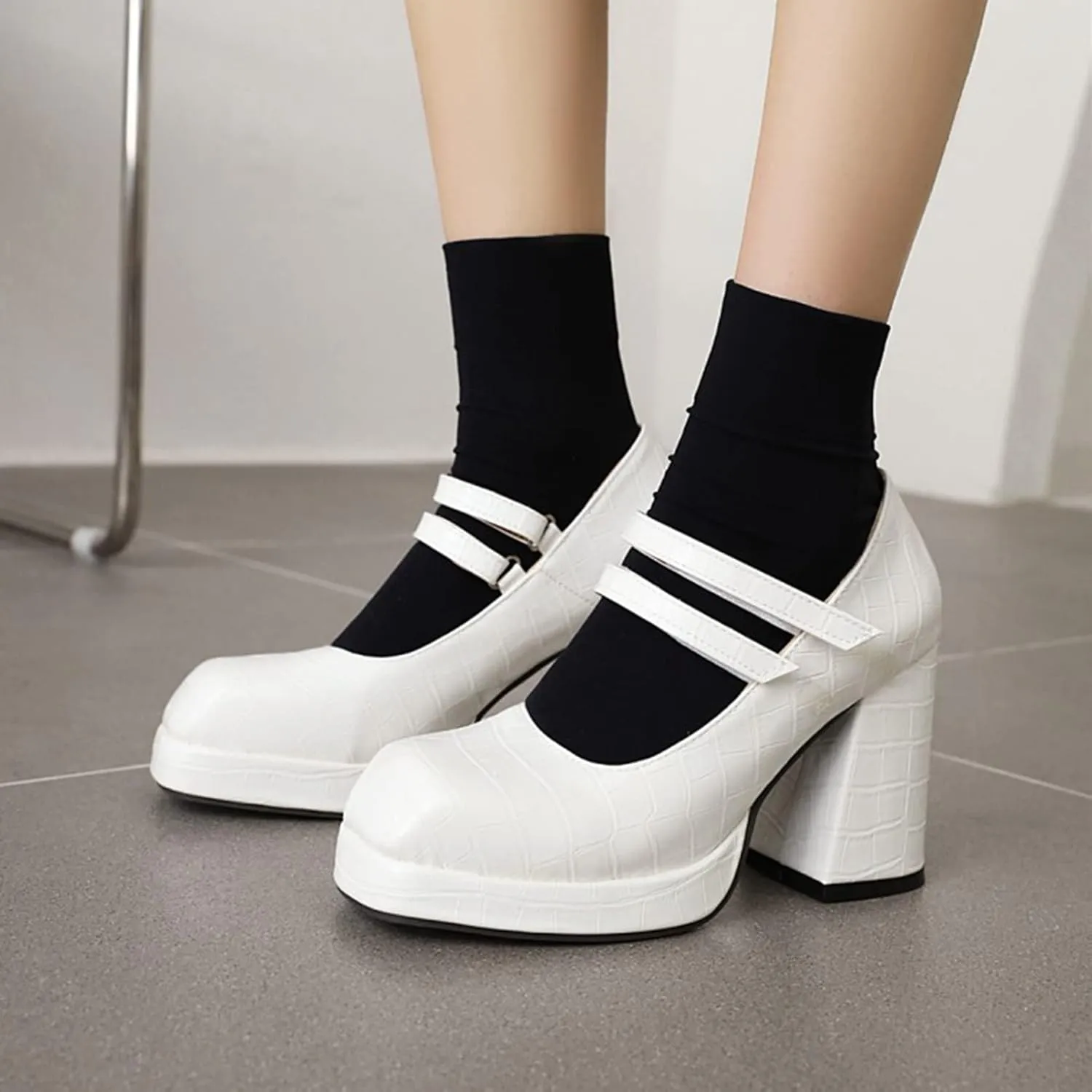 Women's Platform Chunky High Heels Square Toe Faux Leather Block Heel Mary Janes Dress Pumps Shoes
