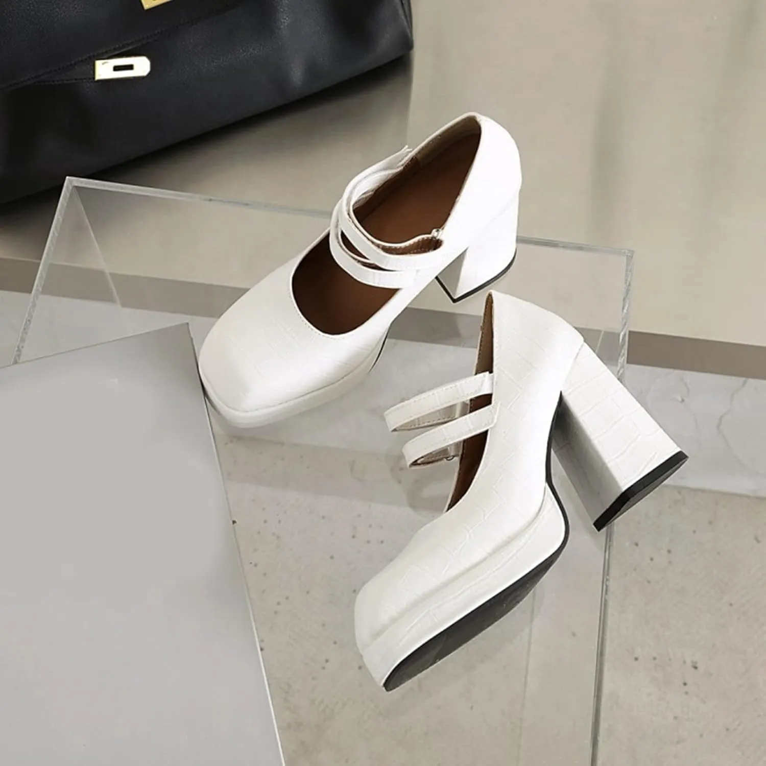 Women's Platform Chunky High Heels Square Toe Faux Leather Block Heel Mary Janes Dress Pumps Shoes