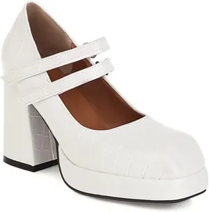 Women's Platform Chunky High Heels Square Toe Faux Leather Block Heel Mary Janes Dress Pumps Shoes