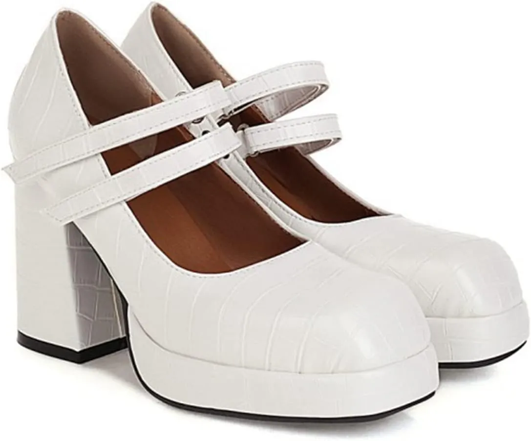 Women's Platform Chunky High Heels Square Toe Faux Leather Block Heel Mary Janes Dress Pumps Shoes