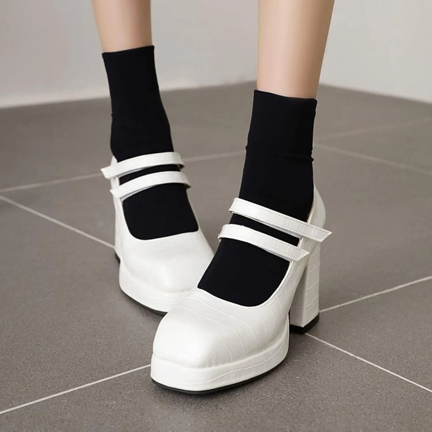 Women's Platform Chunky High Heels Square Toe Faux Leather Block Heel Mary Janes Dress Pumps Shoes